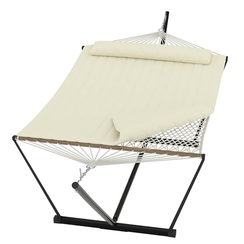 Heavy Duty 2 Person Double Hammock with Portable Adjustable Steel Stand, Outdoor Hammock with Pillow for Patio, Garden, Beach, Backyard Camping, T-off