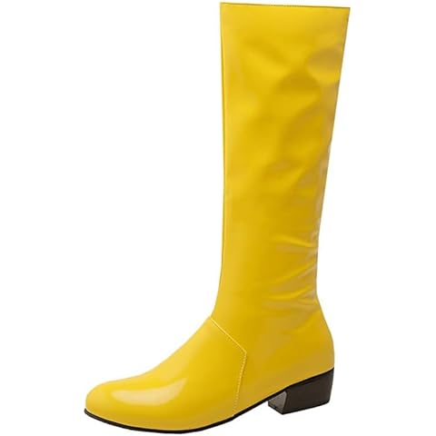 Bellirala Womens Patent Leather Zip Up Knee High Flat Mid Calf Boots Yellow US Size 8.5 Cover