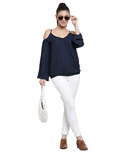 Image of Style Quotient Women Navy Blue Crepe Regular Top