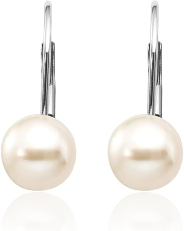 IceCarats 14K Solid White Gold 7mm Freshwater Pearl Small Drop Earrings Prong Set, Lever Back For Her