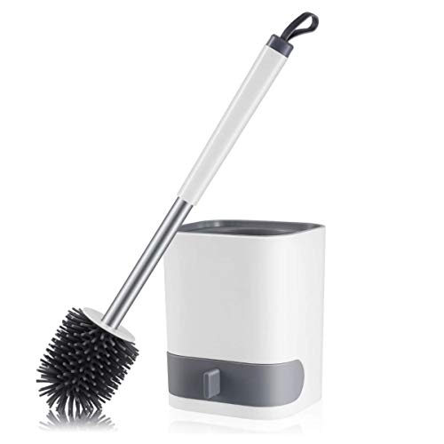 Skevic Escobilla de Baño con Soporte - Escobilla WC con Cepillo de Silicona para Limpieza Inodoro, Escobillero Baño con Cerdas Suave Blanco, Juego de Portaescobillas Vater Accesorios Baño (1 Pack)