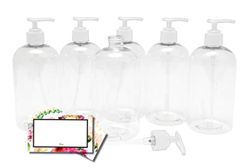 Baire Bottles 8 oz Empty Refillable Plastic Bottles with Pump - Soap, Shower, Lotion, Massage Oil, Travel - 6 Pack, Waterproof Labels, PET, BPA Free, USA (Clear with White Pumps, Floral Labels)