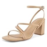 LACUONE Strappy Heels for women Block Heels Square Toe Chunky Ankle Buckle Pump Heeled Sandals (9,Tan)