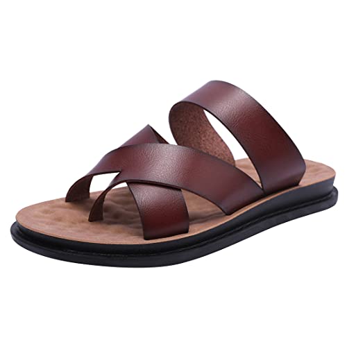Harssidanzar Men Sandals Flip flops Slip On Cross Straps Slide Sandals Toe Ring Style KM221UK,Saddle,Size 9.5