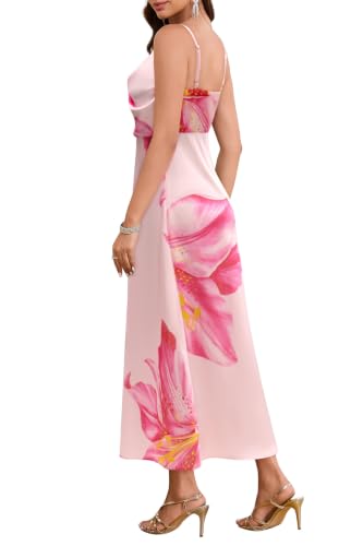 Image of Women's Summer Satin Dress Elegant Cowl Neck Adjustable Spaghetti Strap Wedding Guest Cocktail Party Maxi Dresses