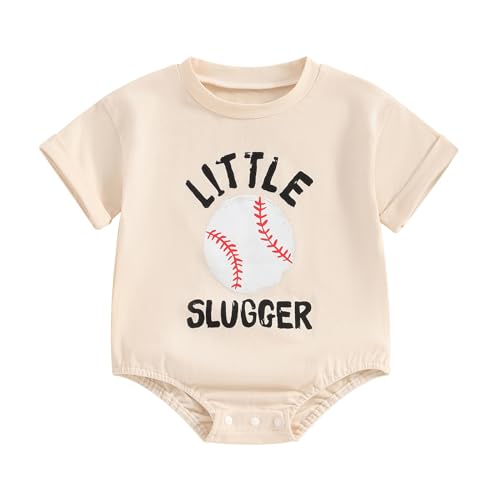 Image of Gueuusu Baby Boy Girl Summer Outfit Little Slugger Baseball Romper Oversized Short Sleeve Bubble Romper Baseball Baby Gift (Beige, 6-12 Months)
