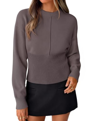Image of ZESICA Women's Fall Sweaters Crewneck Cinched Waist Pullover Tops