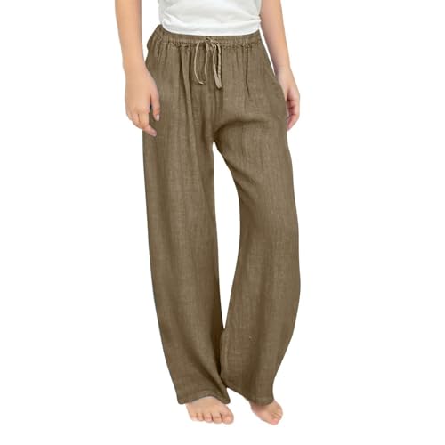 Pantalones de vestir casuales de lino para niñas con bolsillos y pierna ancha