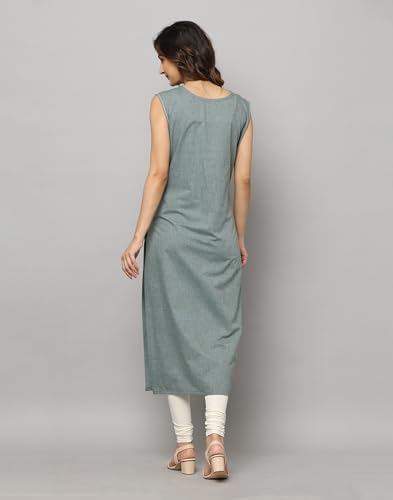 Image of Solid Sleeveless Kurta with Thread & Button Work
