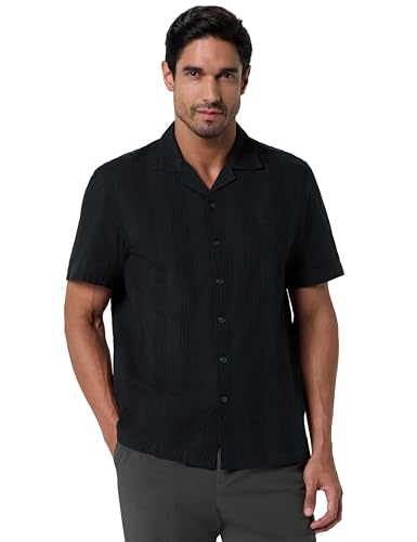 Image of Peter England Men's Casual Half Sleeve Resort Collar Shirt in 100% Cotton Seersucker with Striped Design