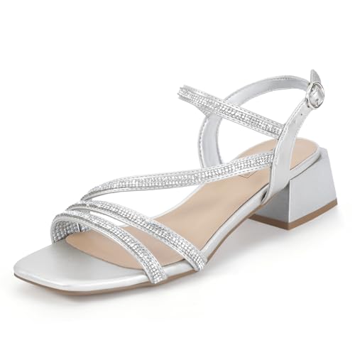 IDIFU IN2 Rhinestone Low Heels for Women Strappy Chunky Block Short Square Open Toe Heeled Sandals Wedding Bride Party Dress Shoes Comfortable Dressy Sparkly Bling Thick Heels
