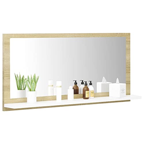 Vidaxl Bathroom Mirror Home Hallway Bedroom Laundry Room Washroom Wall Mirror Furniture White And Sonoma Oak 31.5"X4.1"X14.6" Engineered Wood #TOP7