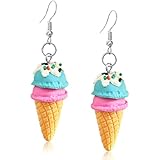 JNONL Sweet Cute Double Ball Ice Cream Cone Alloy Soft Clay Dangle Drop Earrings Simulated Cartoon Colored Ice Cream Dangle Drop Earrings for Women Jewelry Gifts (Blue Pink)