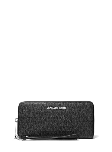 Image of Michael Kors Jet Set Travel Continental, Silver-Tone Hardware /MK Signature Coated Twill /Black