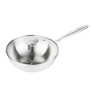 Dr.HOWS ESSENTIAL Tri-ply construction Stainless Steel Kitchen Cookware Wok, Pan with Glass lid Induction, Gas Cookware, Easy To Clean,Dishwasher Safe, Oven Safe, Silver(9.5″ wok with lid)