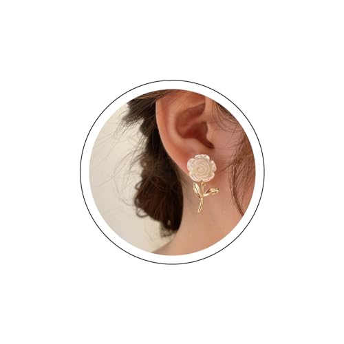 Yienate Boucles D'oreilles Pendantes En Acrylique Fleur Unique Boucles D'oreilles Fleur De Rose Blanche Boucles D'oreilles Mariage Flore Asymétrique Boucles...