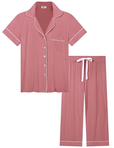 Image of Joyaria Bamboo Viscose Cooling Pajamas for Women Capri Button Front Pjs Set | Ideal for Night Sweats, Hot Sleeper Friendly, Breathable & Moisture Wicking, Short Sleeve Top