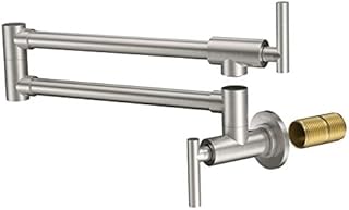 LEPO Pot Filler Faucet, Wall Mount Solid Brass Brushed Nickel Double Joint Swing Arm Folding Kitchen Faucets with Single Hole, 2 Handles