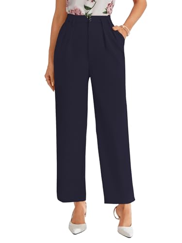 Image of Shasmi Women's High Waist Pleated Straight Leg Trousers - Elegant Solid Color Work Pants with Pockets, Casual Office Wear Polyester Blend Wide Leg Suit Pants (Trouser 235)