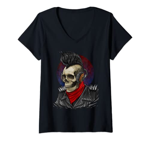 Femme Skull Rocker Mohawk Casque Vintage Rock Punk Halloween T-Shirt avec Col en V