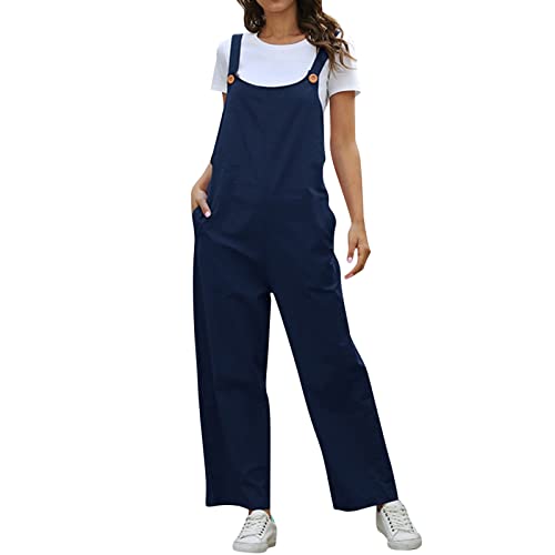 Vintage casual hängselbyxor för kvinnor ledig bred ben jumpsuits vår sommar enfärgad overaller ärmlös lång fritidsoverall, marinblå, M