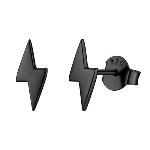 ChicSilver 925 Sterling Silver Stud Earrings Hypoallergenic, Dainty Simple Heart/Star/Moon/Lightning/Butterfly Earrings for Women with Gift Box F.Lightning-Black