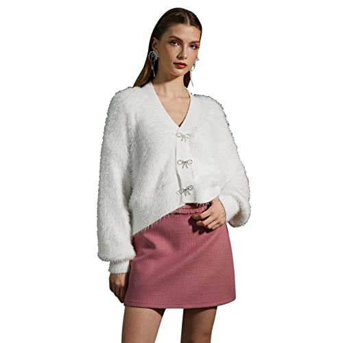 CHICWISH Women Crop Fuzzy Cardigan Bowknot Brooch Button Knit Cardigans Open Front Long Sleeves Sweater Tops2