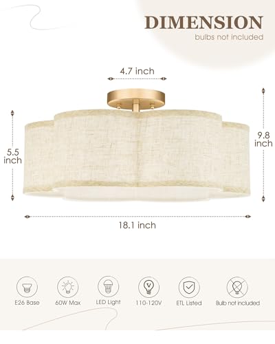Image of Semi Flush Mount Ceiling Lights, 6-Light 18 inch Gold Light Fixtures Ceiling Mount with Fabric Shade in Flower Shape, Drum Lighting Fixture for Nursery Bedroom Kitchen, AD-22007-6SF-GD-B