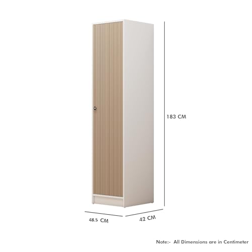 Image of Bniture Luxe 1 Door Wardrobe for Bedroom | Almirah for Clothes with 4 Shelves & Integrated Handle | Full Height Storage Cupboard for Bedroom | Wardrobe with Elevated Base | Frosty White & Giant Wood