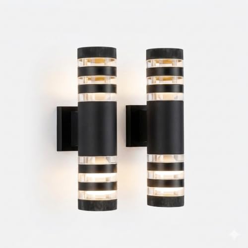 Image of Up and Down Outdoor Wall Light, 15 Inch Cylindrical Porch Wall Sconce, IP65 Waterproof Matte Black Exterior Wall Lamp, Modern Cylinder Wall Mount Light for Patio Garden Garage Villa, 2-Pack