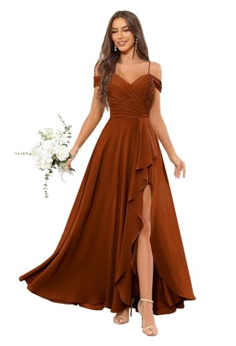 Sukleet Off The Shoulder Bridesmaid Dress Long for Wedding Chiffon Formal Dress with Slit