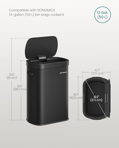 Image of SONGMICS Motion Sensor Trash Can, 13 Gallon (50 L), Soft-Close Lid