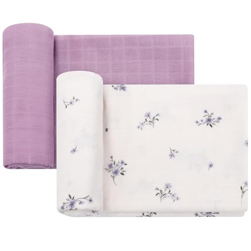 Image of LifeTree Baby Swaddle Blankets, Boys Girls Muslin Swaddling Wrap Receiving Blanket for Newborn, 70% Viscose from Bamboo and 30% Cotton, Large 47" x 47", Flower and Mauve Pattern