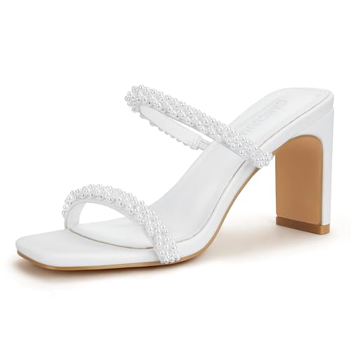 Image of Carcuume Women's Square Toe Two Strap Open Toe Block Heels Sandals Slip On Shoes