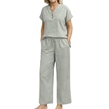 Zweiteiliges Set für Damen, aus Leinen, Übergröße, kurzärmelig, elastisch, hohe Taille, Kordelzug, Hose, Set, V-Ausschnitt, Knopfleiste, T-Shirt, Hose, Anzug, Outfits, Sommer, Loungewear, lichtgrün, L