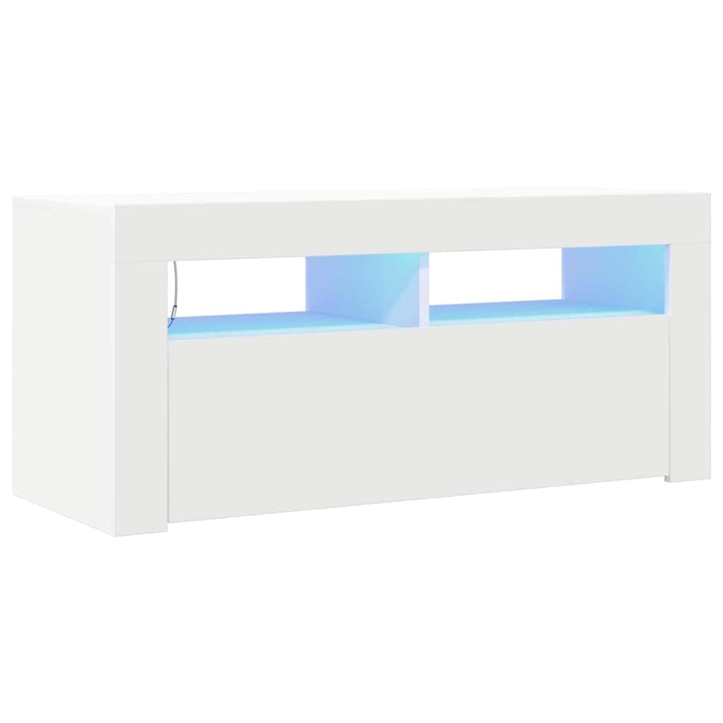 vidaXL Mueble de TV con Luces LED, Blanco, 90x35x40 cm, Madera de ingeniería, Soporte para televisores hasta 40", Mueble bajo con estantes, Consola Moderna para salón