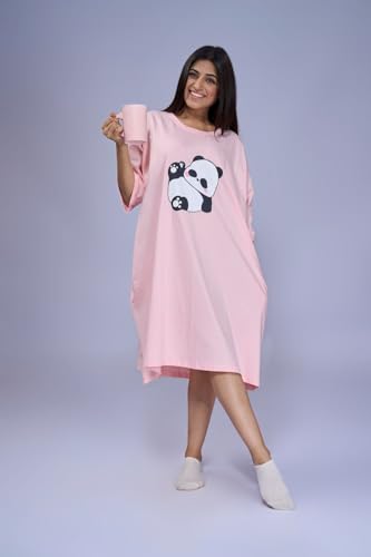 Image of LAMA STORE Women's Printed Oversized T-Shirt Dress, Cotton, 3 /4 Sleeve Length, Casual Loose Fit, Comfort Wear Extra Comfy Oversized Printed Pocket T-Shirt Dress