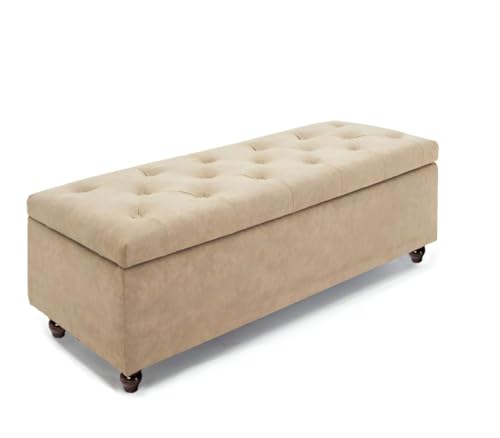 Image of Velvet Storage Ottoman Bench | Tufted Upholstered 2 Seater Bench with Hidden Storage | End of Bed Bench for Bedroom Living Room Entryway Seating | Modern Footrest Lounge Seat with Wooden Legs | Beige