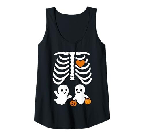 Mujer Disfraz Divertido de Halloween Embarazada mamá Gemelos Calabaza Costilla Jaula Camiseta sin Mangas