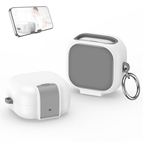 Image of Full Body Armor Case Cover for Samsung Galaxy Buds 4 and 4 Pro with Metal Keyring, Built-in Phone Stand, Locking-Switch Cover (White, Full Body Armor)