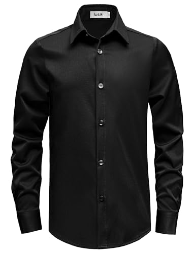 AOTIK Boys Dress Shirts Long Sleeve Button Down Shirts Stretch Formal School Uniform Shirt 2 Fits (Regular/Husky) 14 Black