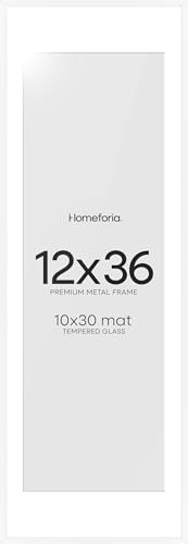 Image of Homeforia 12x36 Picture Frame White, High End Metal 12x36 Poster Frames with Mat 10x30 inch Photo, 12 x 36 White Frames Matted to 10 by 30 Art, 36x12 Panoramic Frames, Tempered Glass, Wall Kit, Set of 1