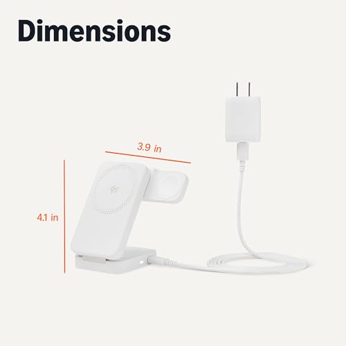 Image of Amazon Basics MagSafe Compatible 25W Fast Charging Qi2.2 Certified 3-in-1 Wireless Charging Station, Foldable Stand for iPhone 17 /16 /15 /14 /13 /12, Apple Watch, AirPods, with 45W Adapter, White