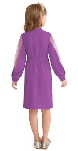Girl Sheer Mesh Long Sleeve Mock Neck Tie Waist A line Dress for 6-14 Years4