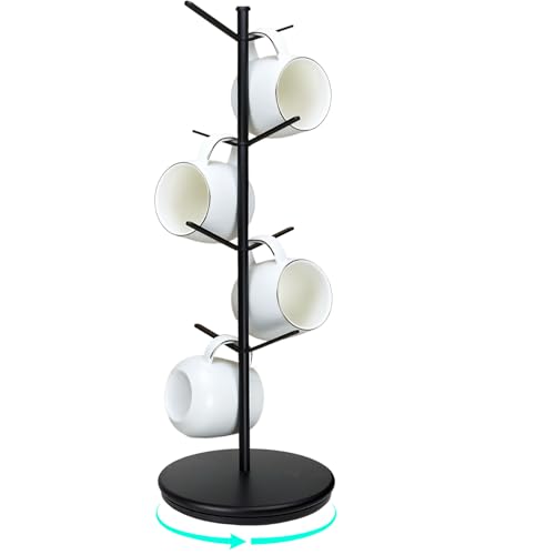 ZOMETUO 360° Rotating Mug Tree, Large 8 Hooks Upgraded Stable Metal Mug Holder, Bamboo Base Coffee Mug Cup Rack for Counter Top, Mug Display, Home Storage and Cup Organizer, Black