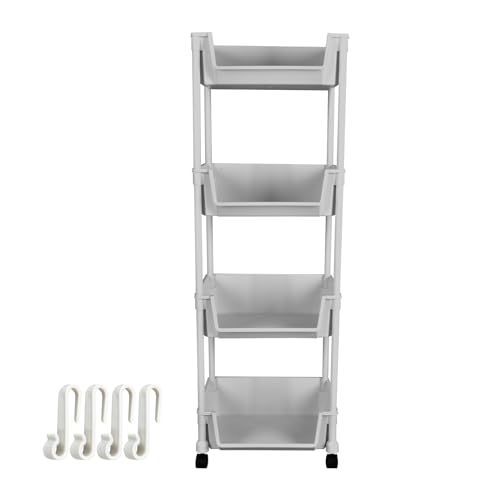 サンパーシー キッチンワゴン 4段 キャスター付き 360度回転 フック4個付き (グレー)