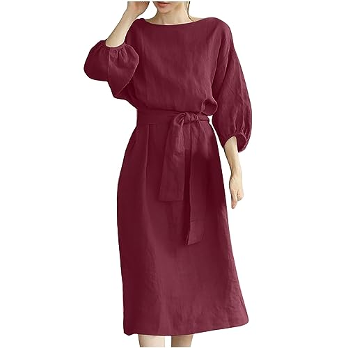ANHATUIV Vestidos de algodón y lino para mujer, vestidos de verano de manga 3/4, vestidos de cuello redondo para mujer, vestido midi liso, vestido casual con cordón, vestido largo de ajuste holgado,