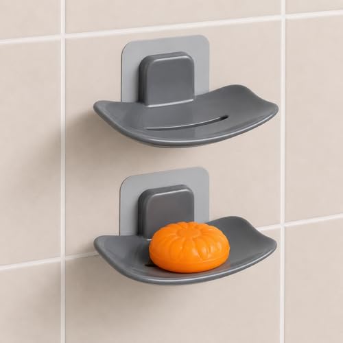 Image of Self-Adhesive Soap Holder for Bathroom (Pack of 2) Wall Mounted No-Drill Soap Stand with Water Drainage | Strong Sticker Plastic Soap Dish for Wash...