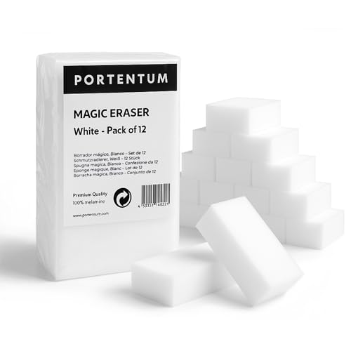 PORTENTUM Borrador Mágico, Set de 12, Blanco - Esponja Mágica de Limpieza Multiusos para Cocina, Baño, Paredes y Zapatos, Elimina Suciedad y Manchas, Reutilizable, 12 x 6 x 2,5 cm