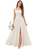 YMeiPaodw Square Neck Bridesmaid Dresses Long with Slit Pleated A Line Chiffon Ivory Formal Gown Evening Dresses for Women Size 6